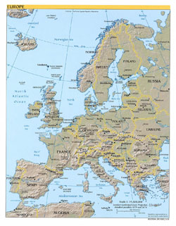 Szczegółowa mapa polityczna i reliefowa Europy.
