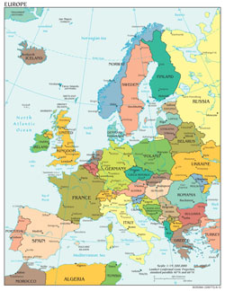 Duża szczegółowa mapa polityczna Europy z wszystkimi stolicami.