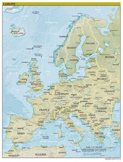 Duża szczegółowa mapa polityczna Europy z reliefem i wszystkimi stolicami.