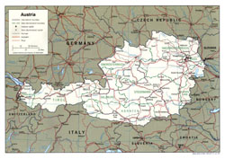 Szczegółowa mapa polityczna i administracyjna Austrii z planami miast i drogami.