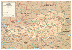 Duża mapa polityczna i administracyjna Austrii z reliefem.