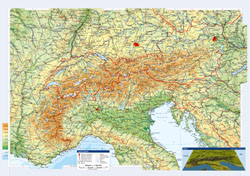 Duża mapa topograficzna Austrii i państw sąsiedzkichh z miastami i drogami.