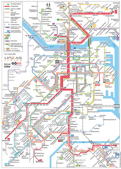 Szczegółowa mapa transportu publicznego miasta Linz.
