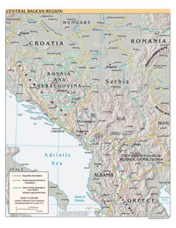 Szczegółowa mapa polityczna Bałkanów Centralnych z zaznaczeniem reliefu i dużych miast 1999 roku.