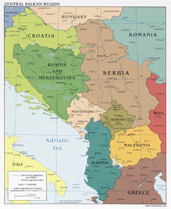 Duża mapa szczegółowa polityczna Bałkanów Centralnych z wielkimi miastami 2008 roku.