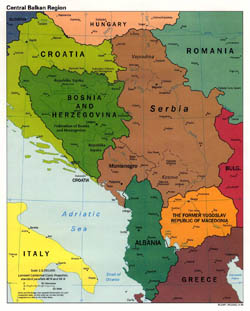 Duża mapa polityczna Bałkanów Centralnych z miastami 1998 roku.
