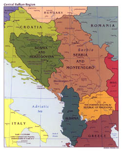 Duża mapa polityczna Bałkanów Centralnych z zaznaczeniem wielkich miast 2003 roku.