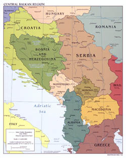Duża mapa polityczna Bałkanów Centralnych z wielkimi miastami 2008 roku.