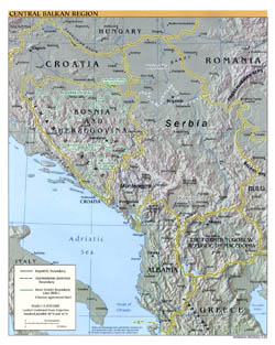 Duża mapa polityczna Regionu Bałkańskiego Centralnego z zaznaczeniem reliefu i miast 2000 roku.