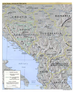 Duża mapa polityczna Regionu Centralnego Bałkańskiego z reliefem i dużymi miastami 2001 roku.