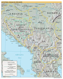 Polityczna mapa Bałkanów Centralnych z reliefem 2001 roku w dużym formacie.