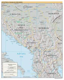 Polityczna mapa Regionu Bałkańskiego Centralnego z zaznaczeniem reliefu i dużych miast w dużym formacie - 2007.