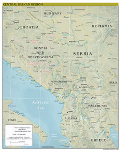 Polityczna mapa Bałkanów Centralnych w dużym formacie z reliefem, glównymi drogami i dużymi miastami 2009 roku.