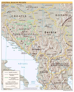 Polityczna mapa Bałkanów Centralnych w dużym formacie z reliefem, drogami i miastami - 1999.