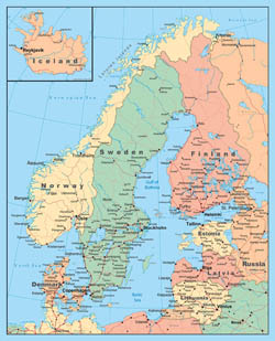 Szczegółowa mapa polityczna Skandynawii.