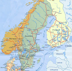 Szczegółowa mapa kolejowa Skandynawii.