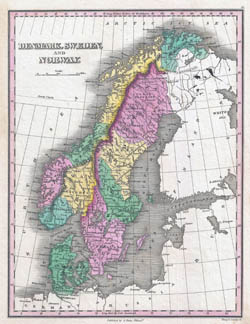 Duża szczegółowa stara mapa polityczna Skandynawii 1827 roku.