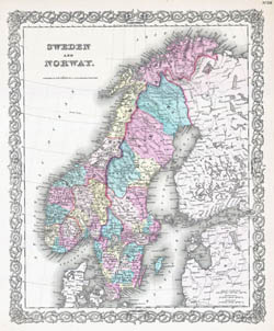 Duża szczegółowa stara mapa polityczna Szwecji i Norwegii z reliefem - 1855.