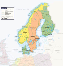 Duża szczegółowa mapa kolei Skandynawii.