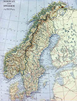 Duża stara mapa Norwegii i Szwecji z zaznzczeniem reliefu, dróg i miast - 1922.
