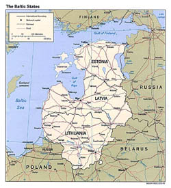 Duża mapa polityczna państw bałtyckich z zaznaczeniem dróg i dużych miast - 1994.