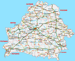 Duża szczegółowa mapa drogowa Białorusi ze wszystkimi miastami i lotniskami w języku rosyjskim.
