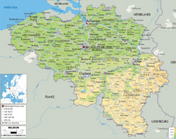 Szczegółowa mapa fizyczna Belgii z drogami, miastami i lotniskami.