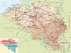 Fizyczna mapa Belgii z drogami, miastami oraz lotniskami.