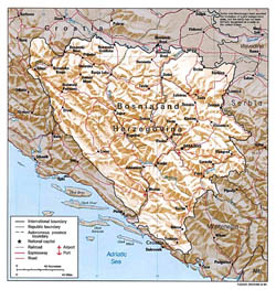 Mapa polityczna i administracyjna Bośni i Hercegowiny z reliefem.