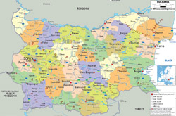Szczegółowa mapa polityczna i administracyjna Bułgarii z drogami i miastami.