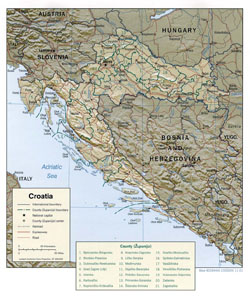 Szczegółowa mapa polityczna i administracyjna Chorwacji z reliefem.