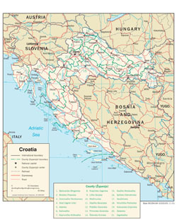 Szczegółowa mapa polityczna i administracyjna Chorwacji z drogami i miastami.