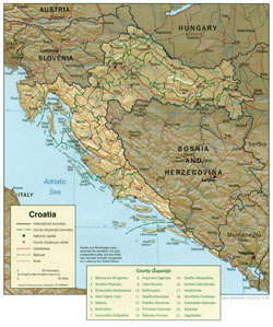 Mapa polityczna i administracyjna Chorwacji z reliefem.