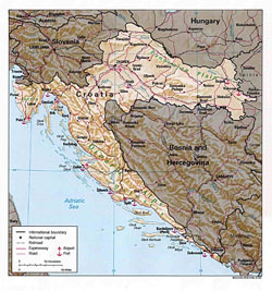Mapa polityczna Chorwacji z reliefem.