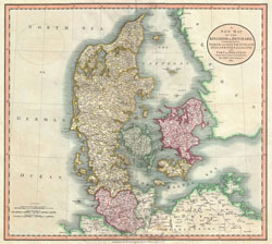 Szczegółowa stara mapa Danii z miastami 1801 roku.