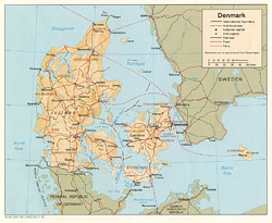 Szczegółowa mapa polityczna i administracyjna Danii z reliefem.