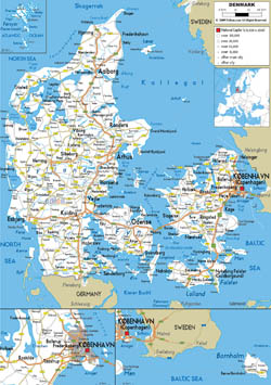 Szczegółowa mapa drogowa Danii w miastami i lotniskami.