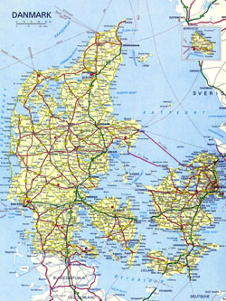 Szczegółowa mapa drogowa Danii z miastami.