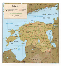 Mapa polityczna i administracyjna Estonii z reliefem.