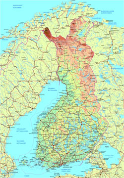 Szczegółowa mapa fizyczna i drogowa Finlandii.