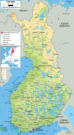 Szczegółowa mapa fizyczna Finlandii z miastami, drogami i lotniskami.