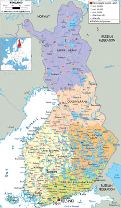 Szczegółowa mapa polityczna i administracyjna Finlandii z miastami, drogami i lotniskami.