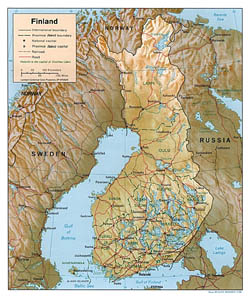 Mapa polityczna i administracyjna Finlandii z reliefem.
