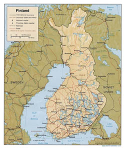 Mapa polityczna Finlandii z reliefem.
