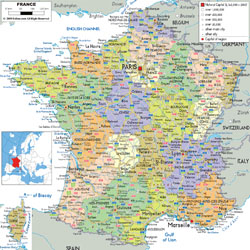 Szczegółowa mapa polityczna i administracyjna Francji z drogami, miastami i lotniskami.