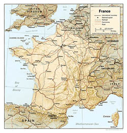 Polityczna mapa Francji z topografią.