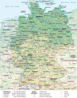 Dokładna mapa administracyjna Niemiec z reliefem.