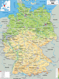 Dokładna mapa fizyczna Niemiec z miastami, drogami i lotniskami.