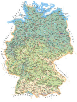 Detailed road and physical map of Germany.