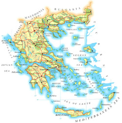 Mapa drogowa Grecji z miastami i lotniskami.